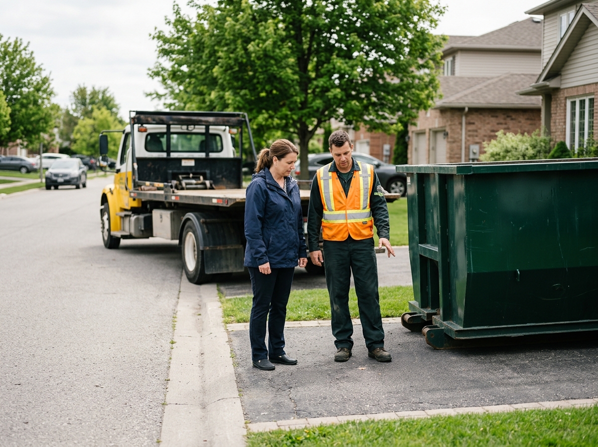 Homeowner and driver from Green Star Roll Off reviewing dumpster placement beside driveway curb