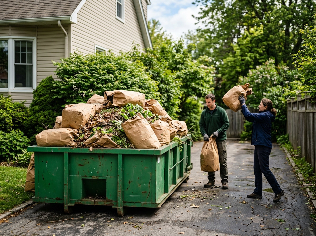 Compact 2 yard bin overflowing with small yard waste bags in a narrow residential driveway
