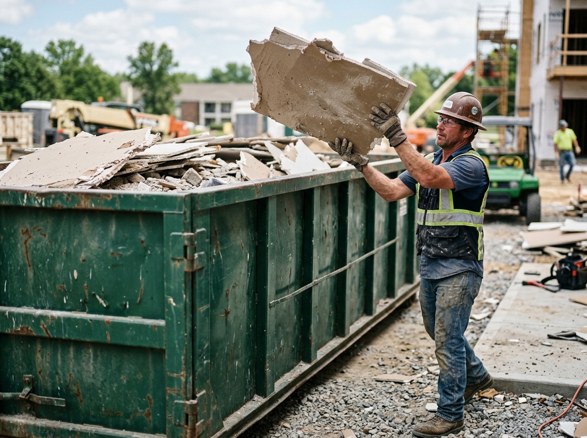 Contractor loading heavy drywall scraps into a much larger roll-off container on a job site