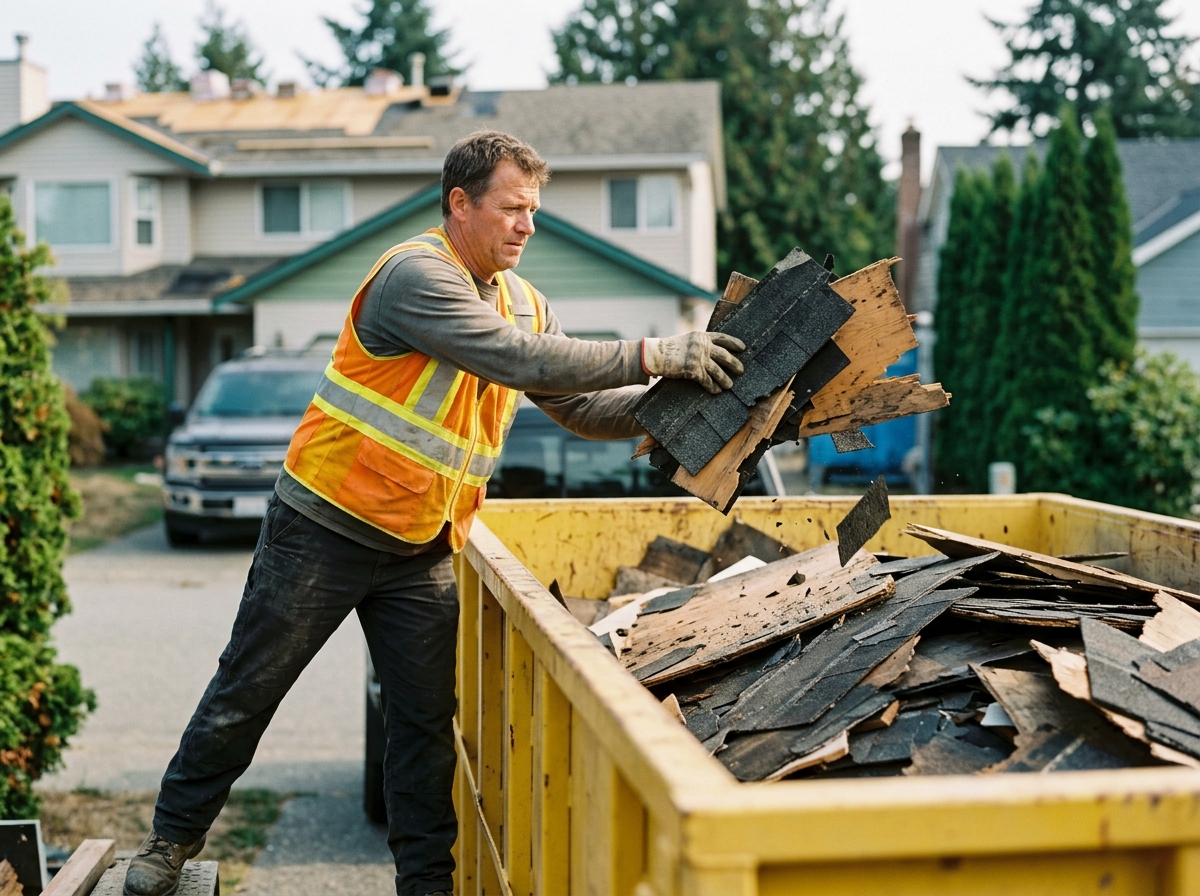 Contractor tossing roofing shingles and torn plywood into open-top yellow roll-off container