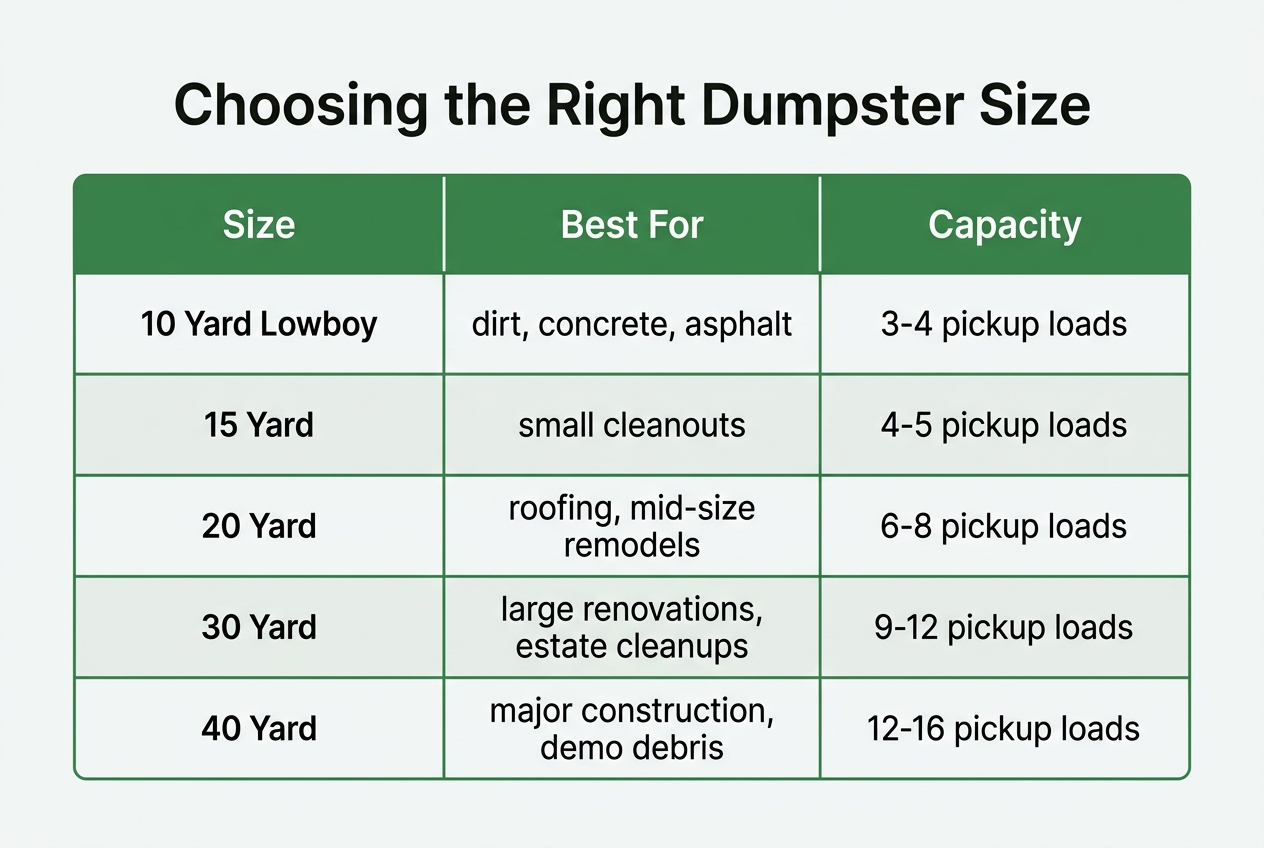 Infographic: Comparison table titled Choosing the Right Dumpster Size