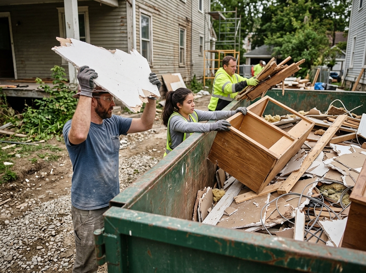 Workers loading broken drywall, old cabinets, and wood framing into a 20 yard dumpster