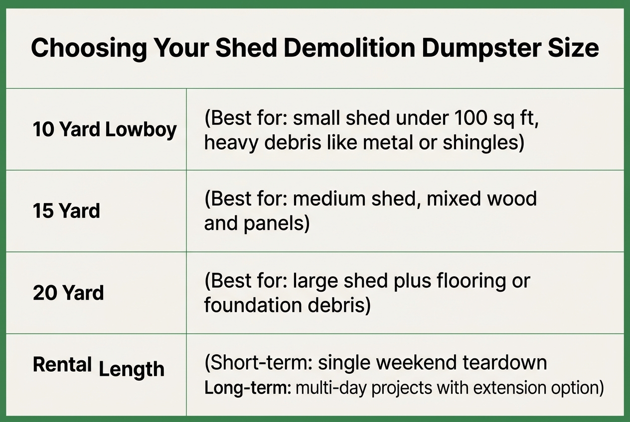 Infographic: Title: Choosing Your Shed Demolition Dumpster Size