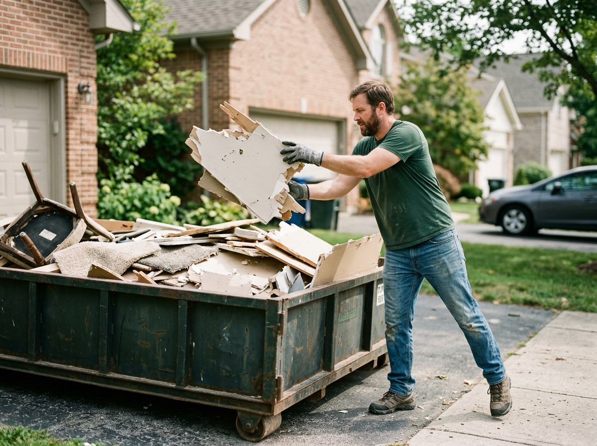 Homeowner tossing broken drywall and old furniture pieces into a low-sided roll-off container
