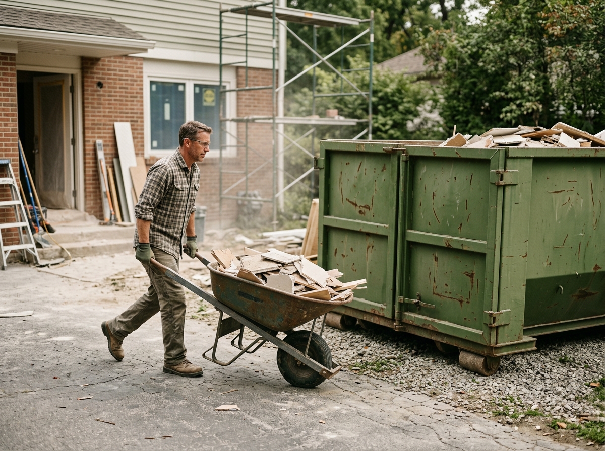 Contractor wheeling a loaded cart toward a 15 yard dumpster during a small kitchen remodel