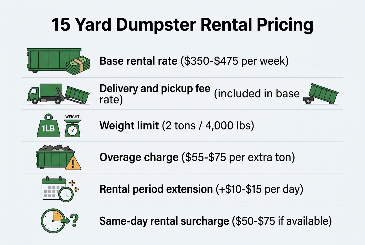 Infographic: Cost breakdown titled 15 Yard Dumpster Rental Pricing