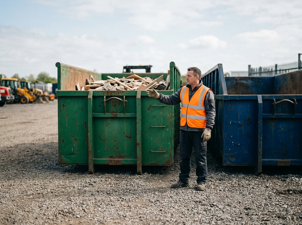 Two roll-off containers side by side in gravel yard, driver in vest gesturing between them