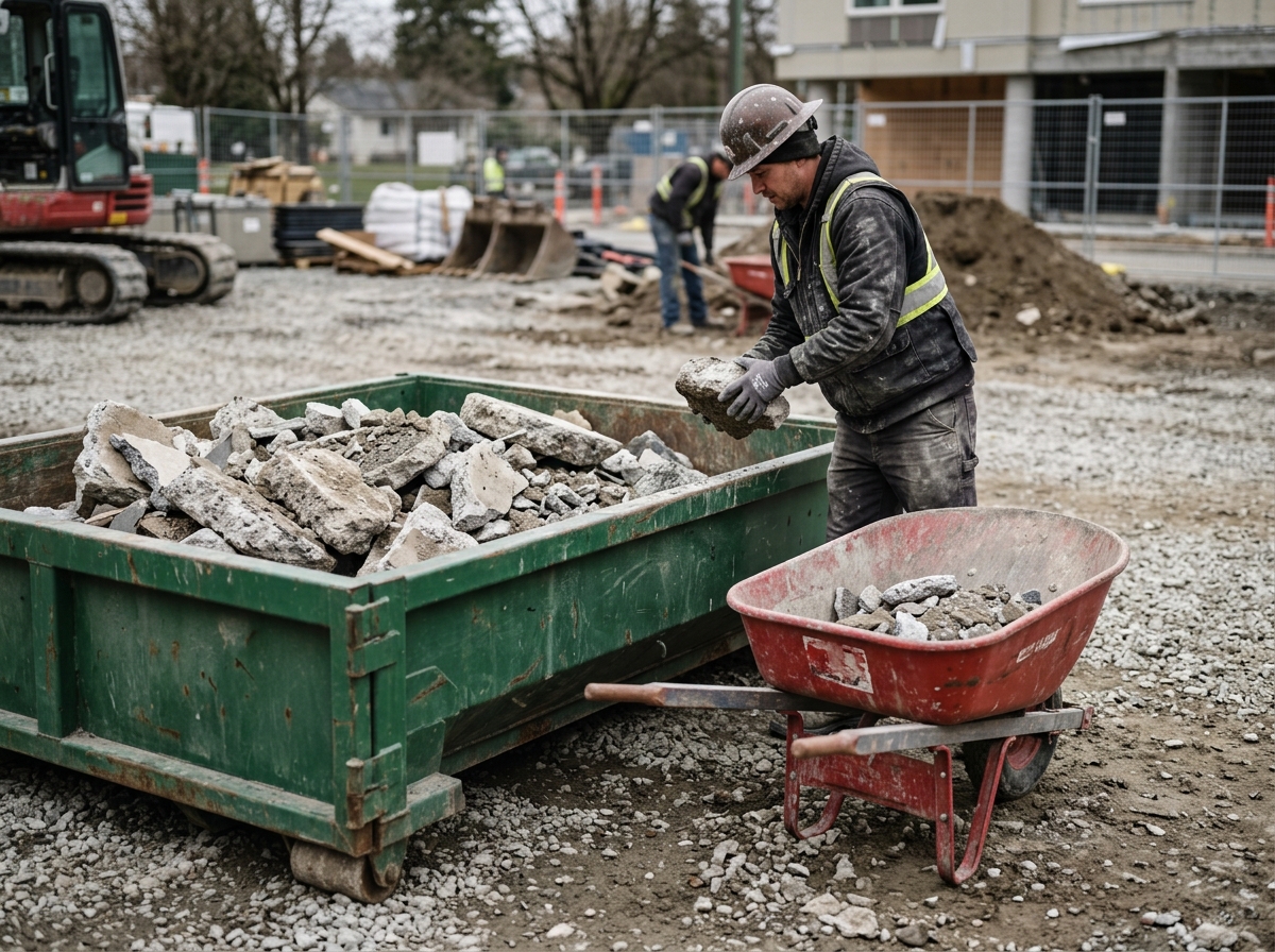 Low-profile lowboy dumpster half-filled with broken concrete chunks beside contractor's wheelbarrow on jobsite
