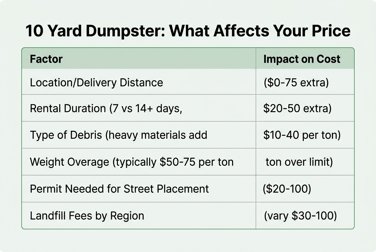 Infographic: Table titled '10 Yard Dumpster: What Affects Your Price'