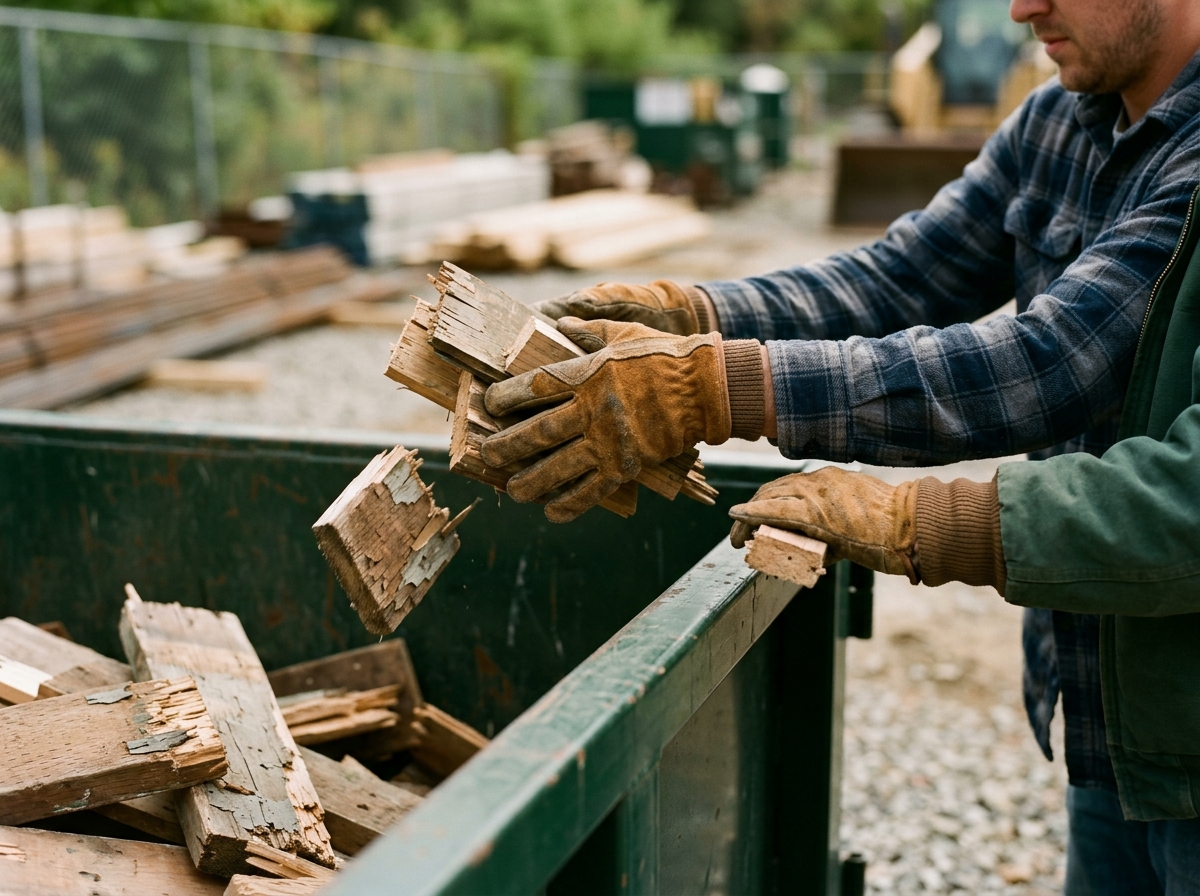 Worker's gloved hands tossing broken wood scraps into an open metal dumpster