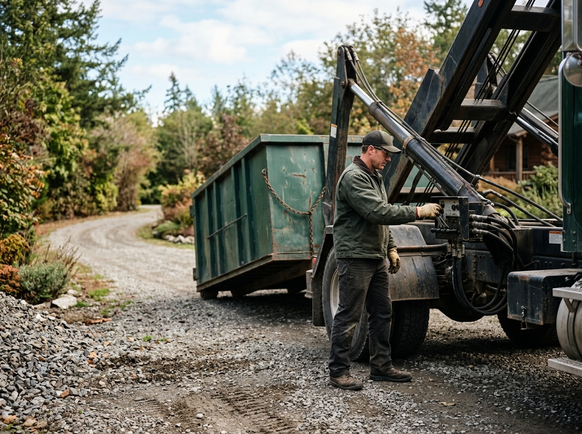 Driver operating roll-off truck's hydraulic arm, lowering a steel container onto gravel driveway