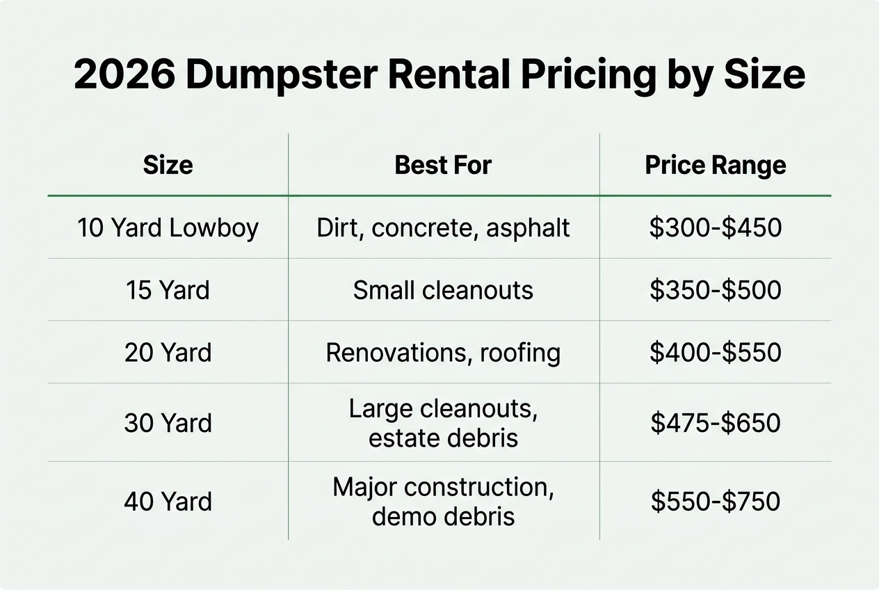 Infographic: Table titled '2026 Dumpster Rental Pricing by Size'