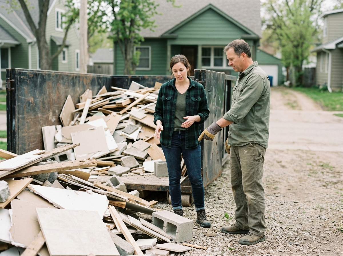 Homeowner and contractor standing beside mid-size roll-off dumpster reviewing renovation debris pile together