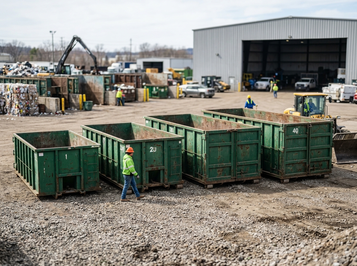 Comparison chart titled 'Compare Dumpster Sizes'. Columns: Size, Best Use. Rows: 15 Yard (small residential cleanouts); 20