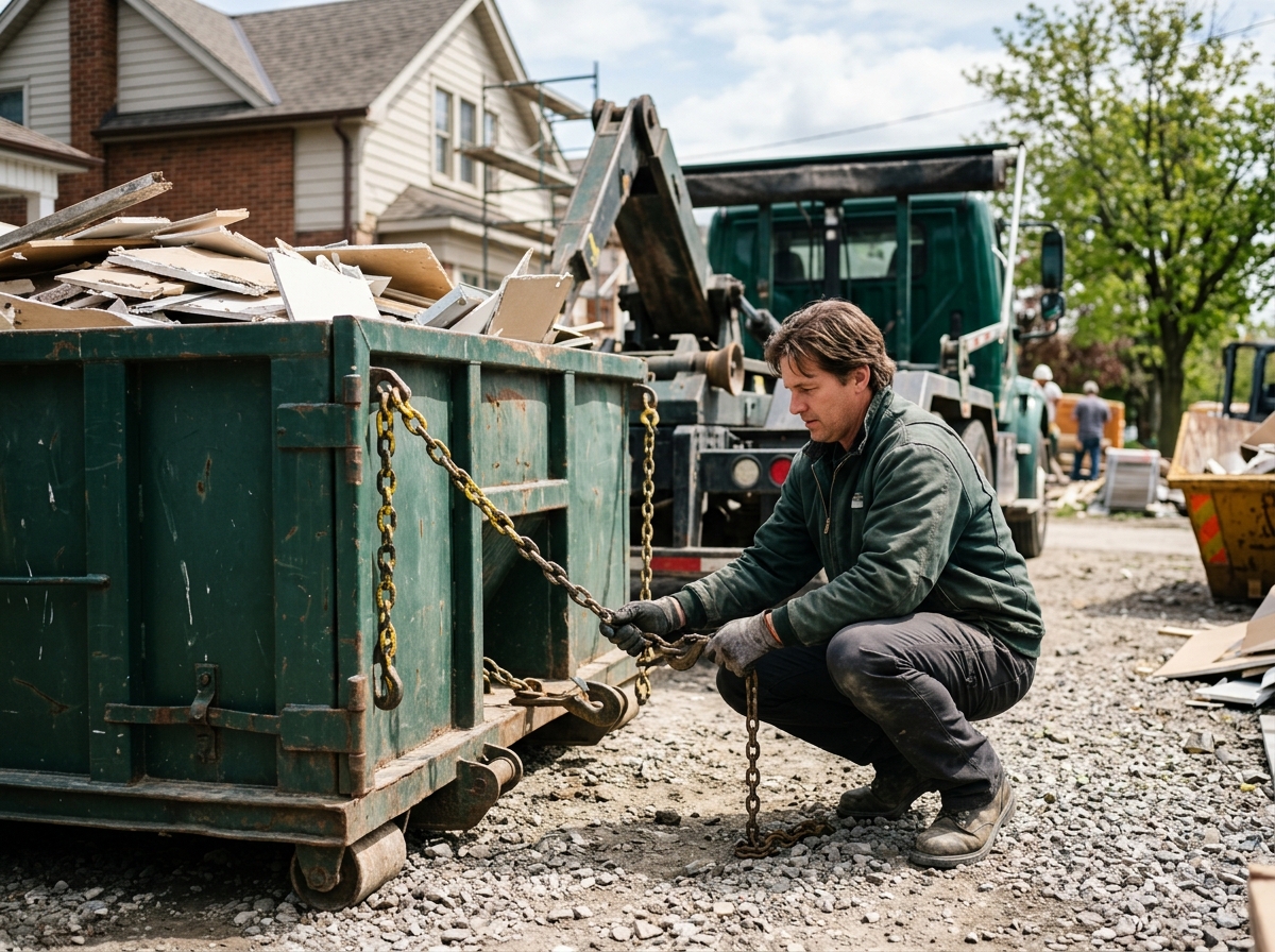 Driver securing tow chains on roll-off truck beside large dumpster at residential renovation site