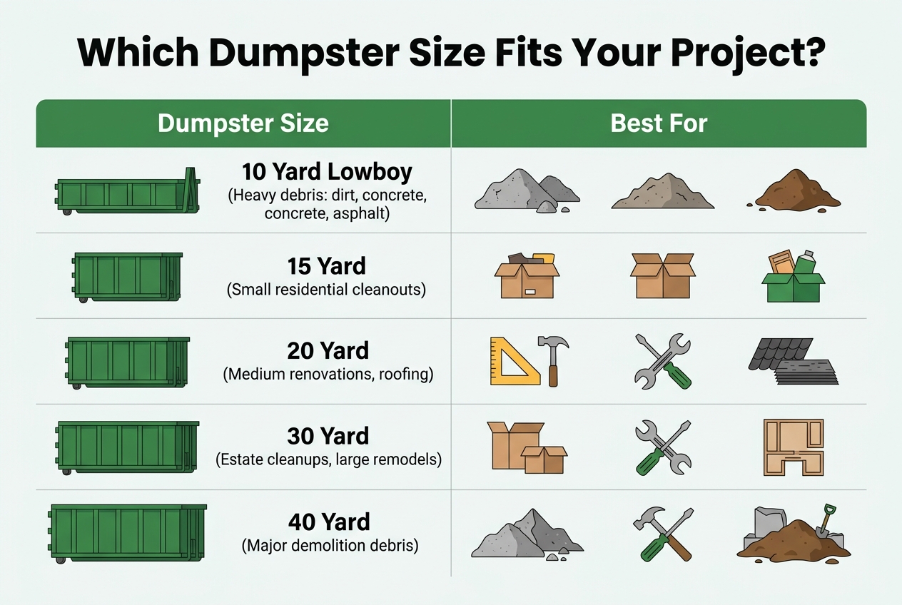 Infographic: Comparison chart titled 'Which Dumpster Size Fits Your Project?'