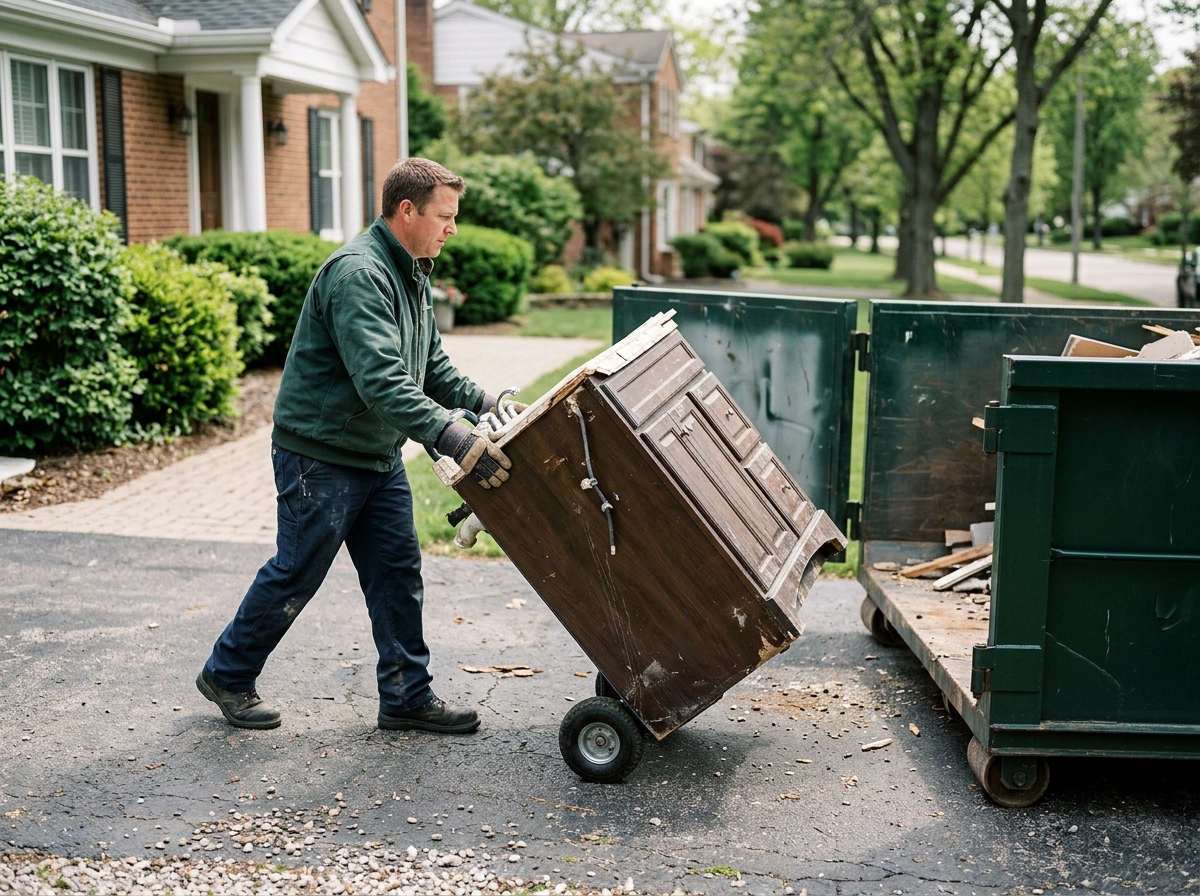 Worker wheeling a torn-out bathroom vanity toward a low-sided dumpster in driveway