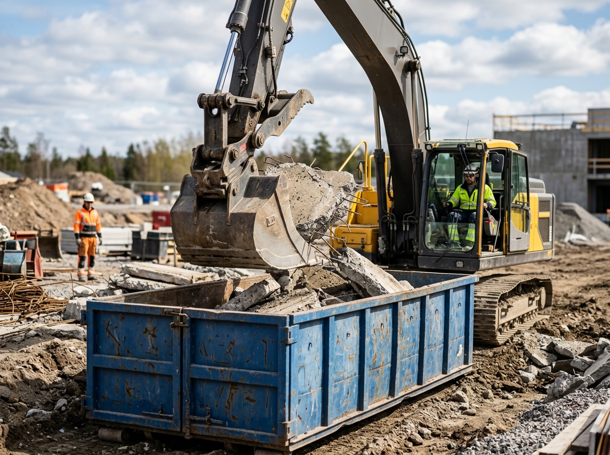 Excavator loading broken concrete slabs directly into a sturdy low-walled roll-off dumpster