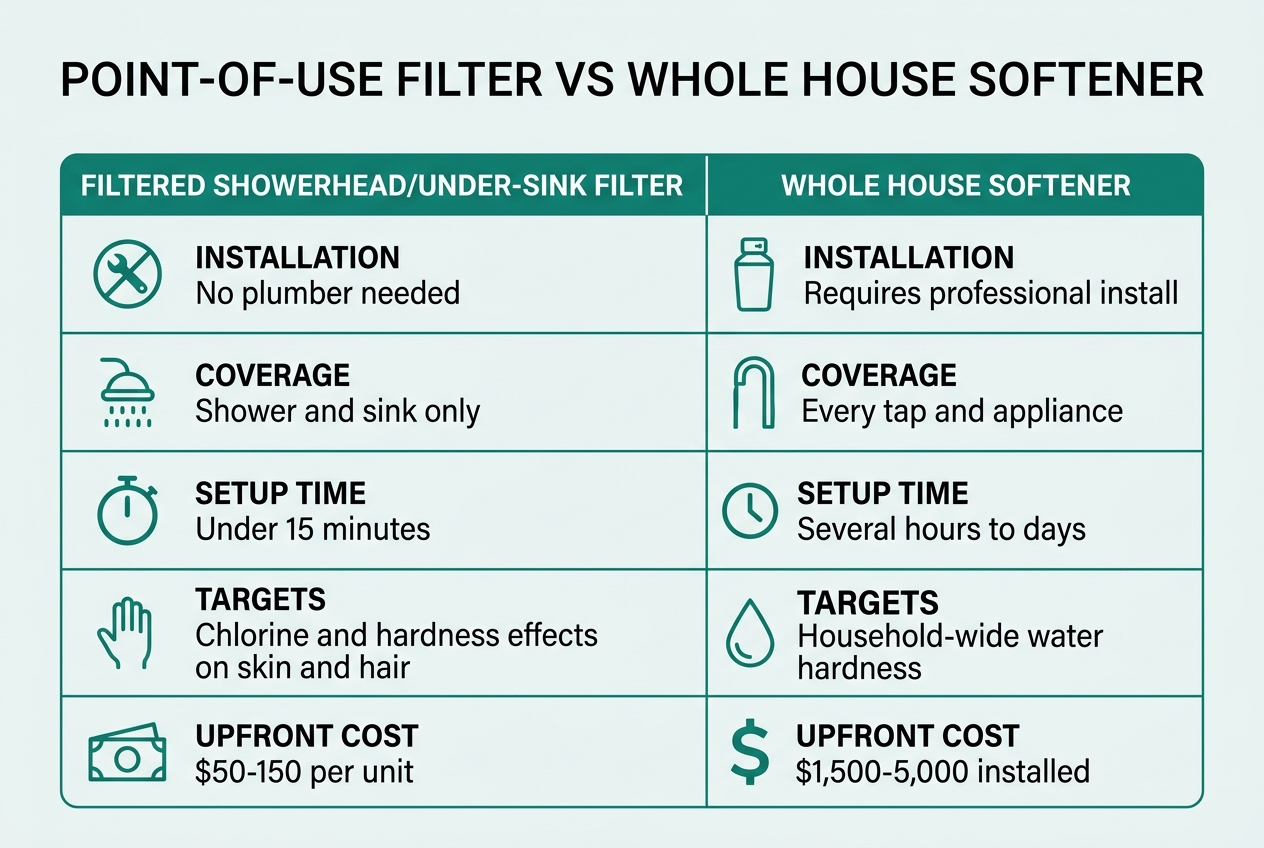 Infographic: Comparison table titled Point-of-Use Filter vs Whole House Softener