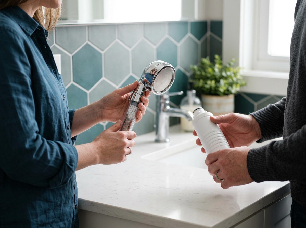Close-up of hands comparing a filtered showerhead and an under-sink filter cartridge on bathroom counter