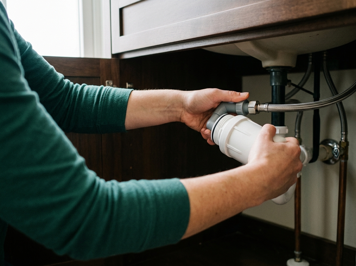 Person's hands twisting a sink filter cartridge into place beneath a bathroom sink cabinet, no plumber tools
