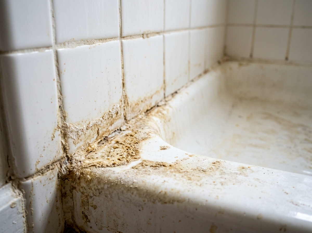 Close-up of hard water mineral buildup stains inside a white bathroom shower basin