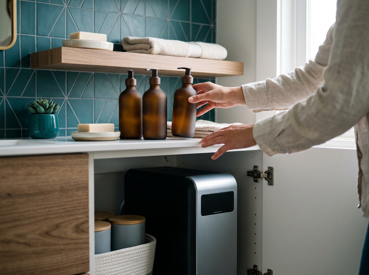 Bathroom shelf displaying shampoo bottles beside sleek installed under-sink water filtration unit