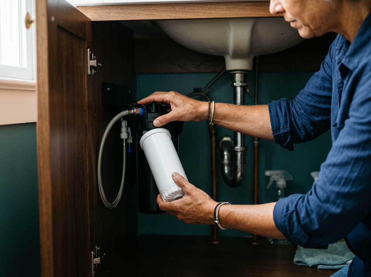 Hands installing a compact under-sink water filter cartridge beneath a bathroom sink