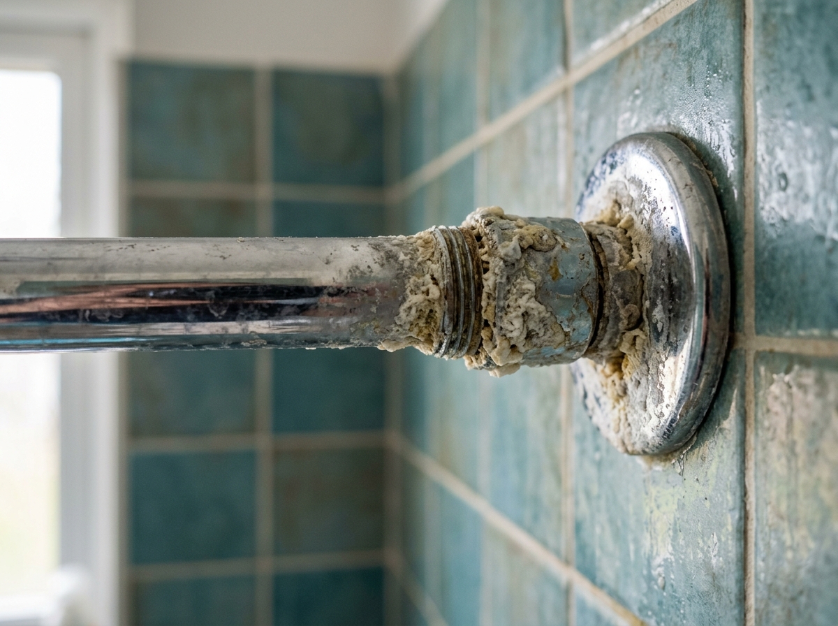 Close-up of hard water mineral buildup crusted around a chrome shower arm and nozzle