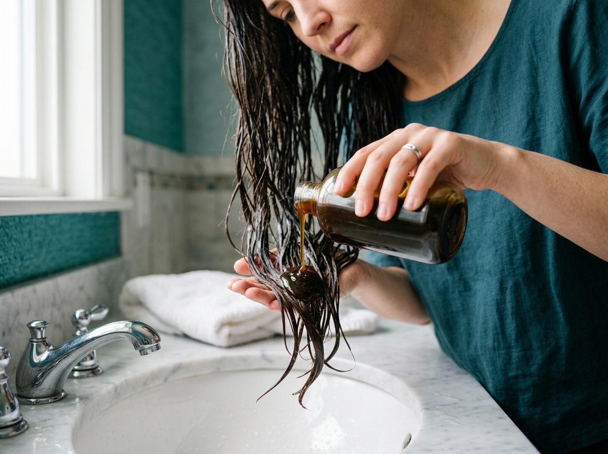 Close-up of hand pouring thick clarifying shampoo onto oily wet hair strands over sink