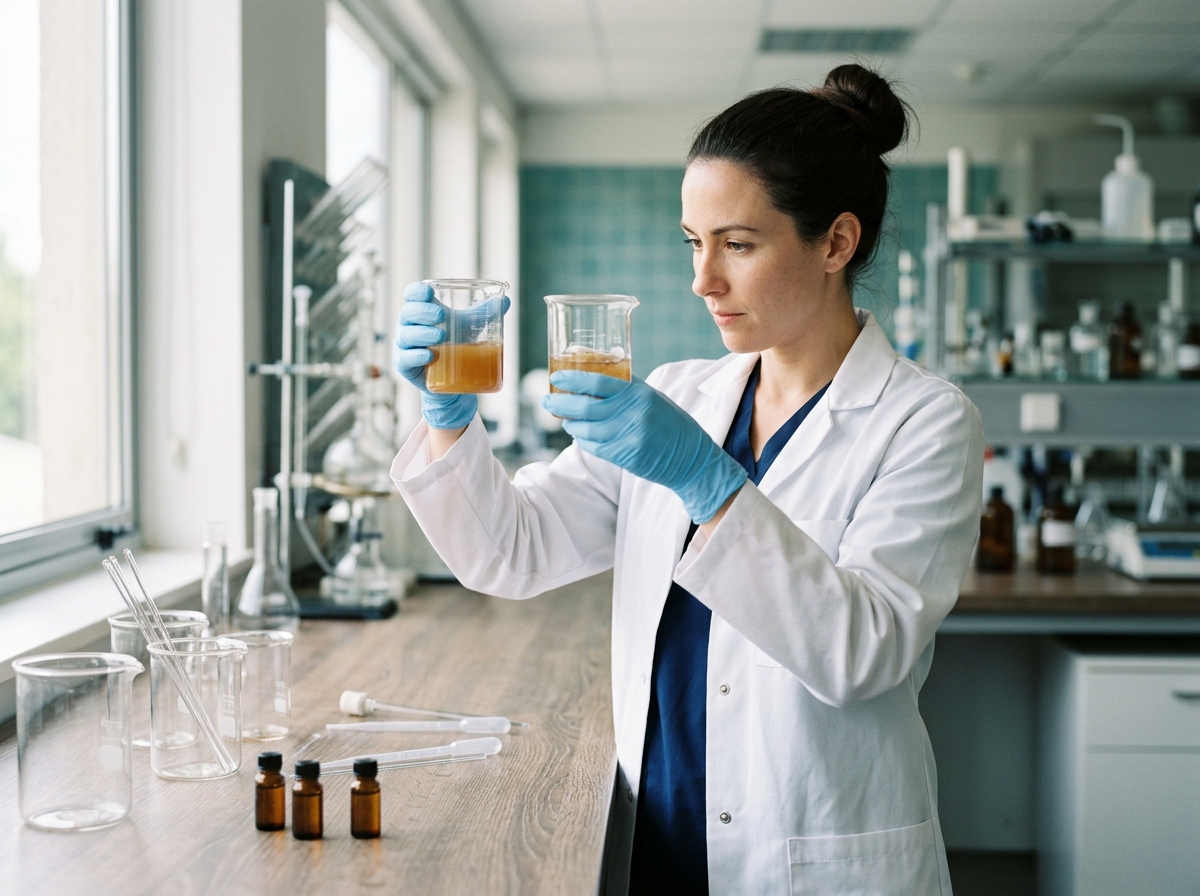 Lab technician in gloves comparing shampoo samples in clear glass beakers on countertop
