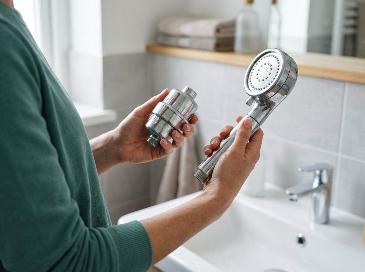 Close-up hands holding filtered showerhead beside sink filter, comparing chrome finishes