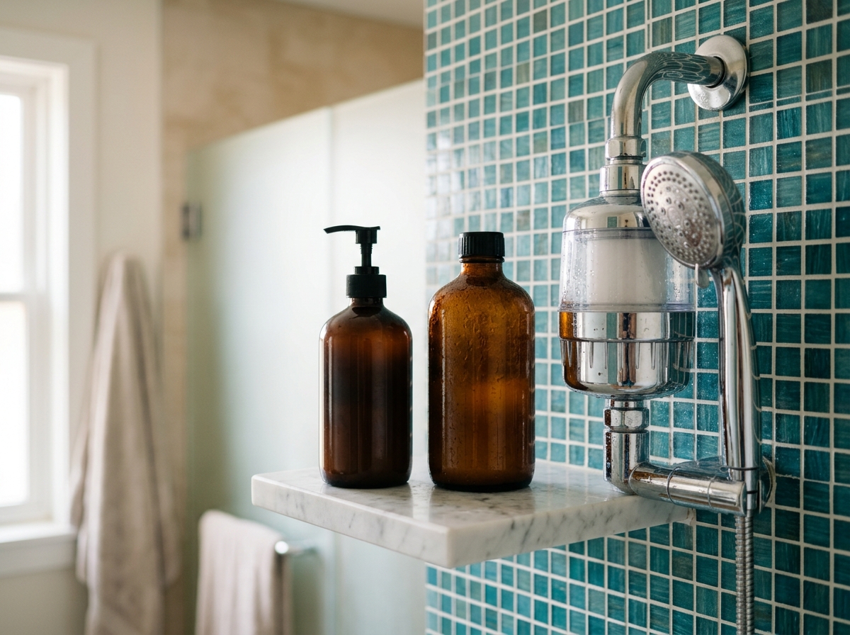 Bathroom shelf with curly hair shampoo bottles beside an installed vitamin-infused showerhead filter