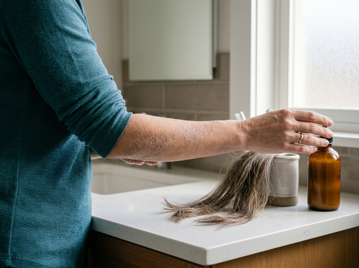 Dry, flaky skin on a forearm beside dull, brittle hair strands under bathroom light