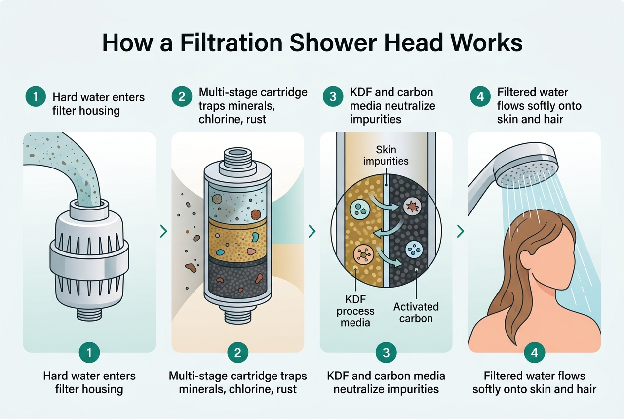 Infographic: A 4-step process flow titled 'How a Filtration Shower Head Works': 1) Hard water enters filter housing 2)
