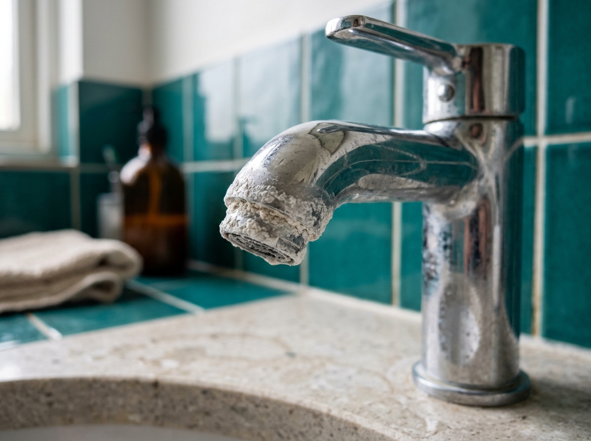 Close-up of white chalky mineral buildup crusted around a bathroom faucet spout