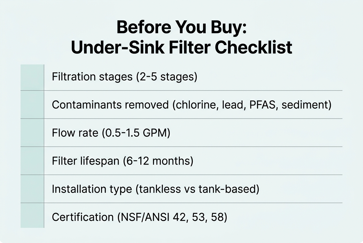 Infographic: Checklist titled 'Before You Buy: Under-Sink Filter Checklist'
