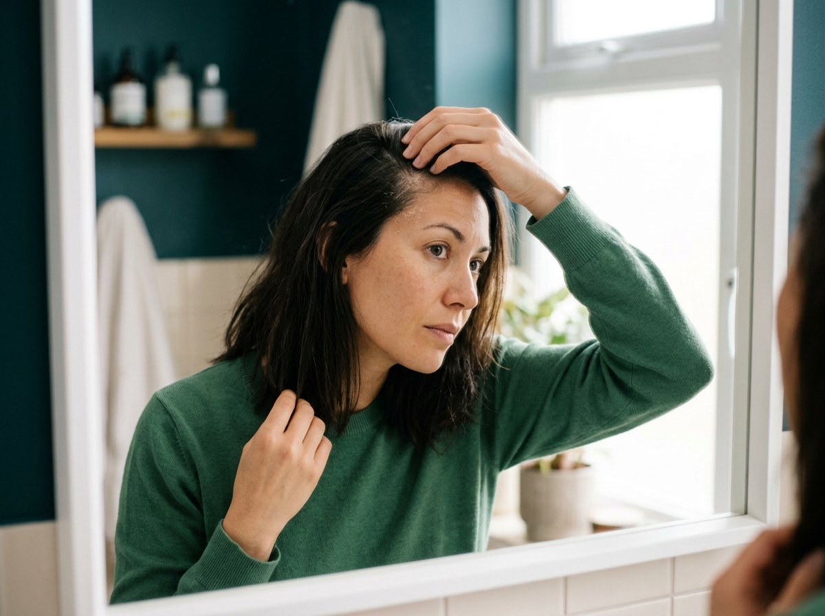 Person examining flaky scalp and dull hair strands in bathroom mirror under soft light