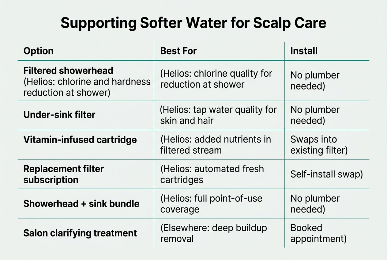 Infographic: Comparison table titled 'Supporting Softer Water for Scalp Care'