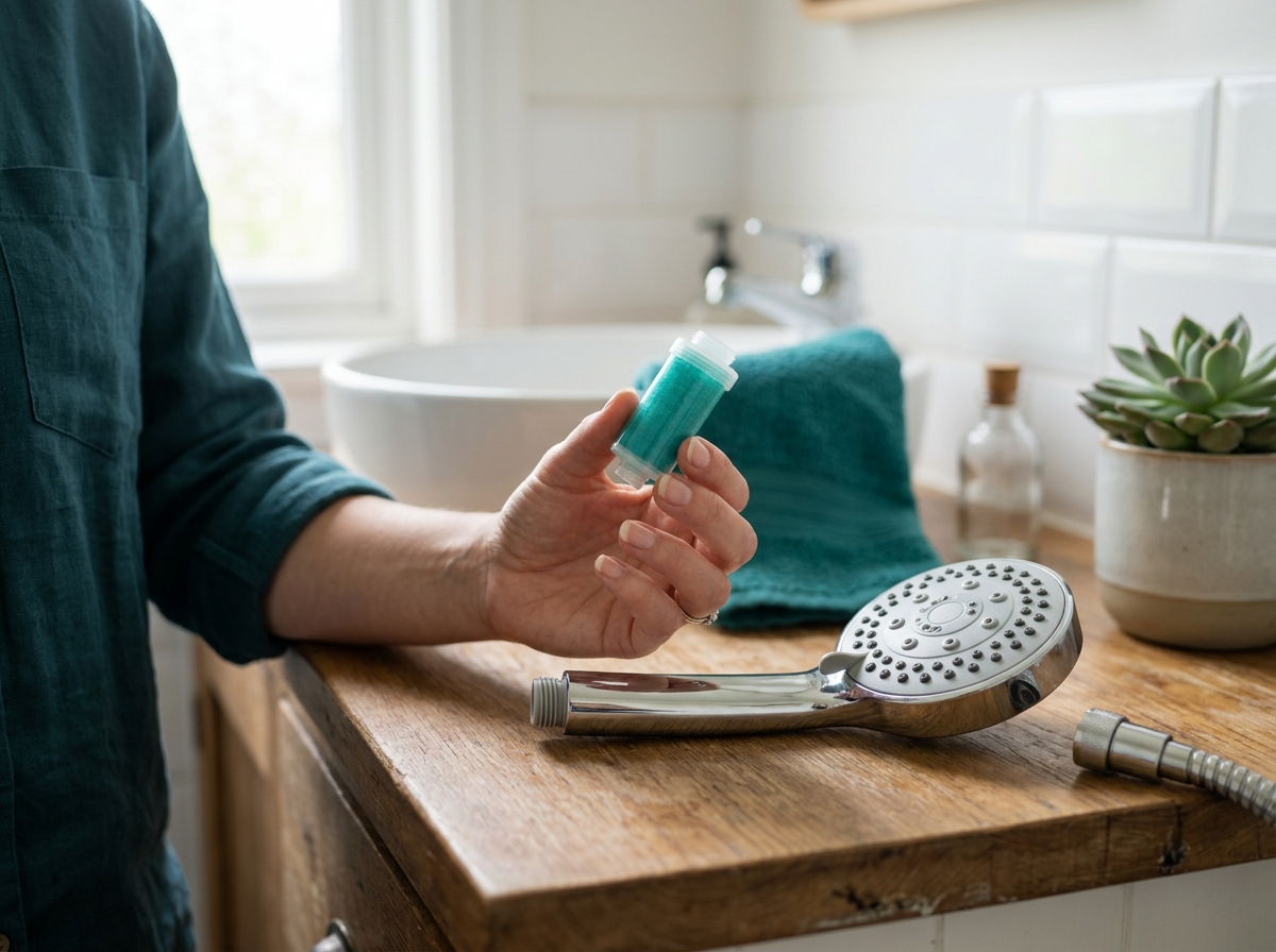 Hand holding a small vitamin-infused filter cartridge beside an unboxed showerhead on bathroom counter