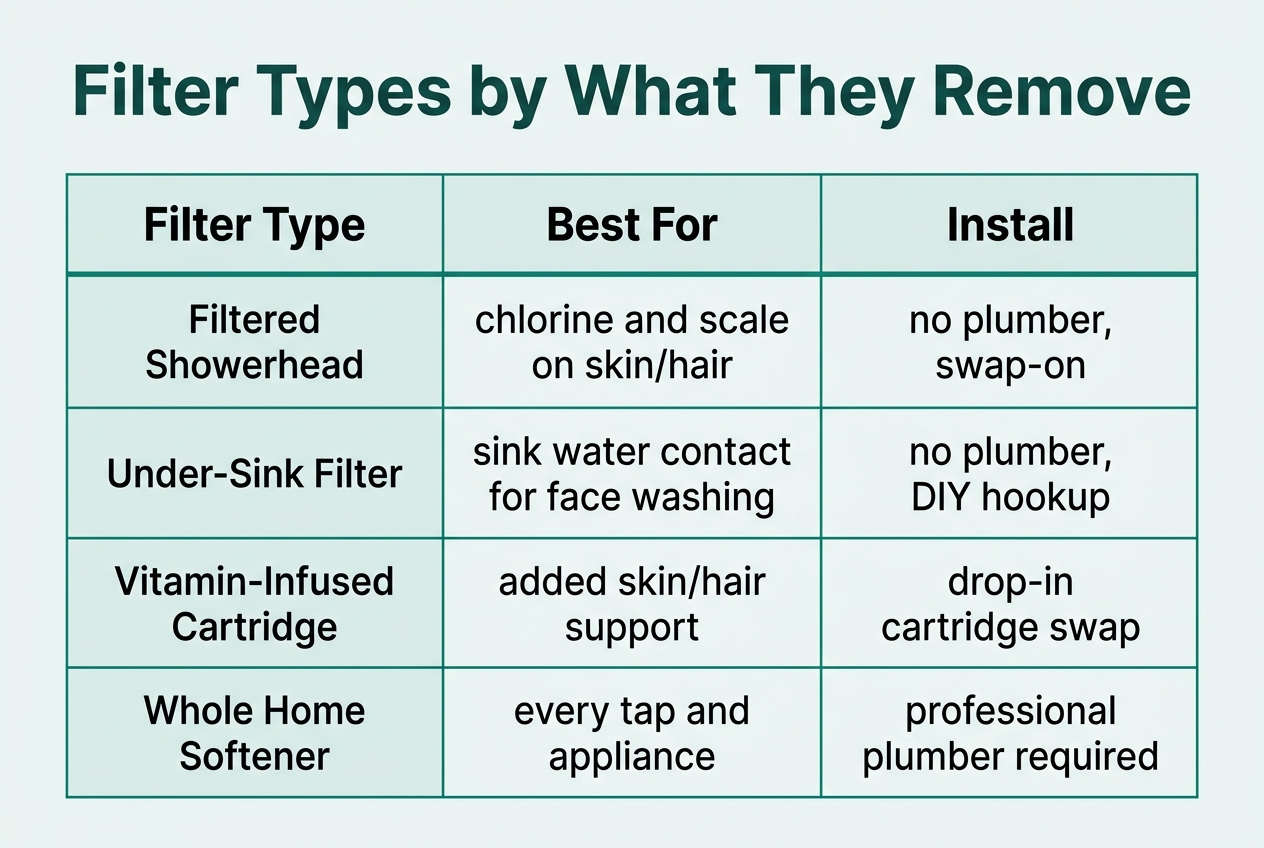 Infographic: Comparison table titled Filter Types by What They Remove