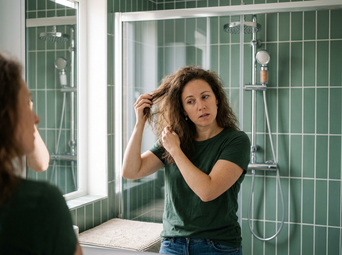 Woman touching dull, frizzy hair while standing in front of a chrome shower fitted with a sleek filtered showerhead