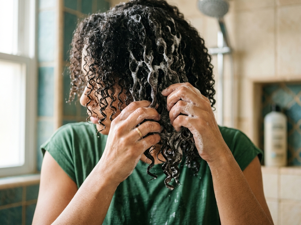 Close-up of hands scrunching sudsy shampoo into thick curly hair strands