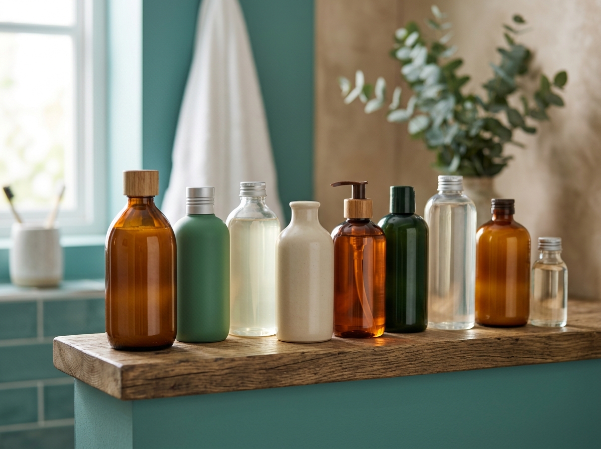Wooden shelf displaying nine varied shampoo bottles arranged neatly in soft bathroom light