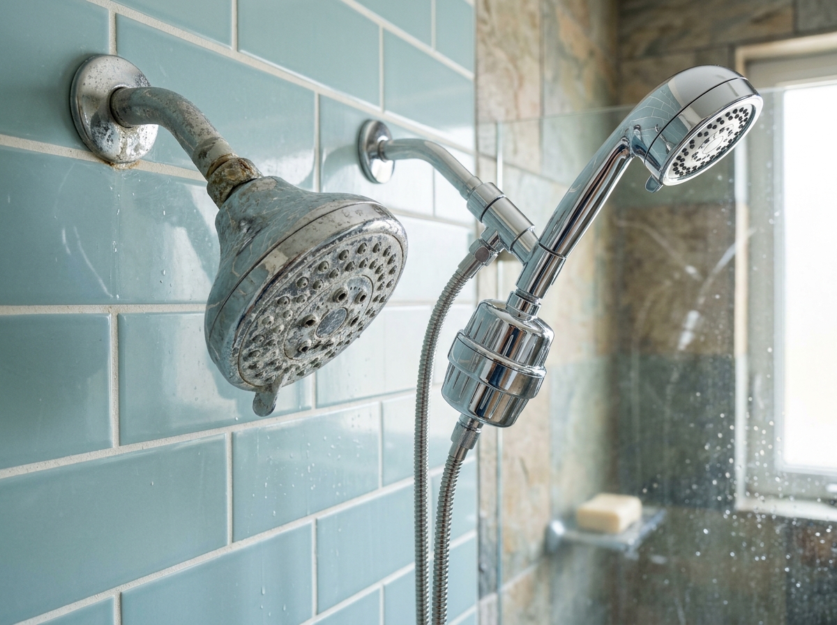 Hard water mineral buildup visible on a chrome showerhead next to a sleek filtered replacement