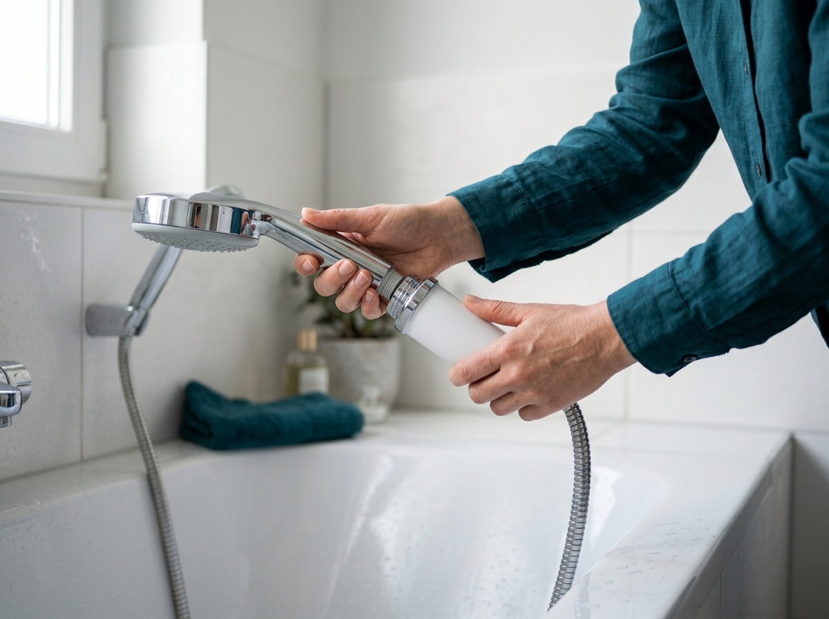 Hands twisting a vitamin-infused filter cartridge into a showerhead above a bathtub ledge
