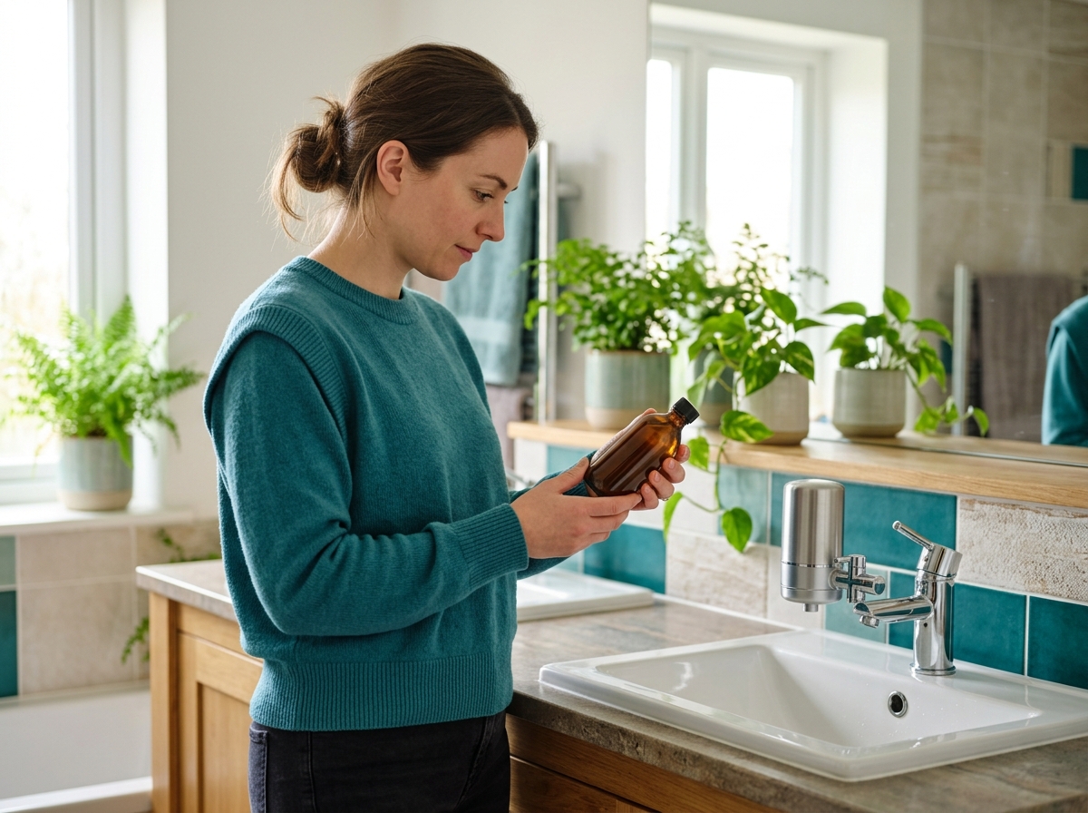 Person reading a shampoo bottle label beside a sink-mounted water filter unit