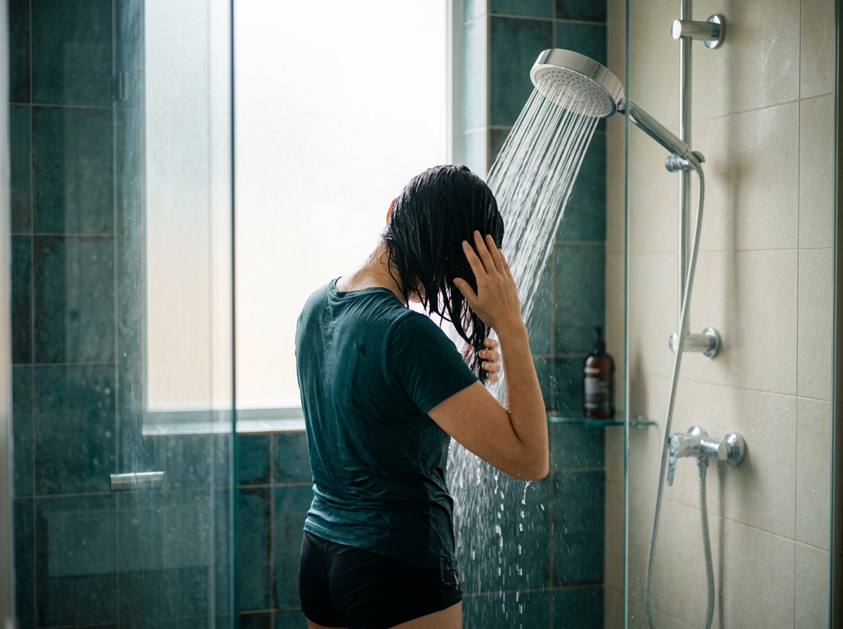 Woman rinsing hair under a sleek filtered showerhead, water streaming over shoulders