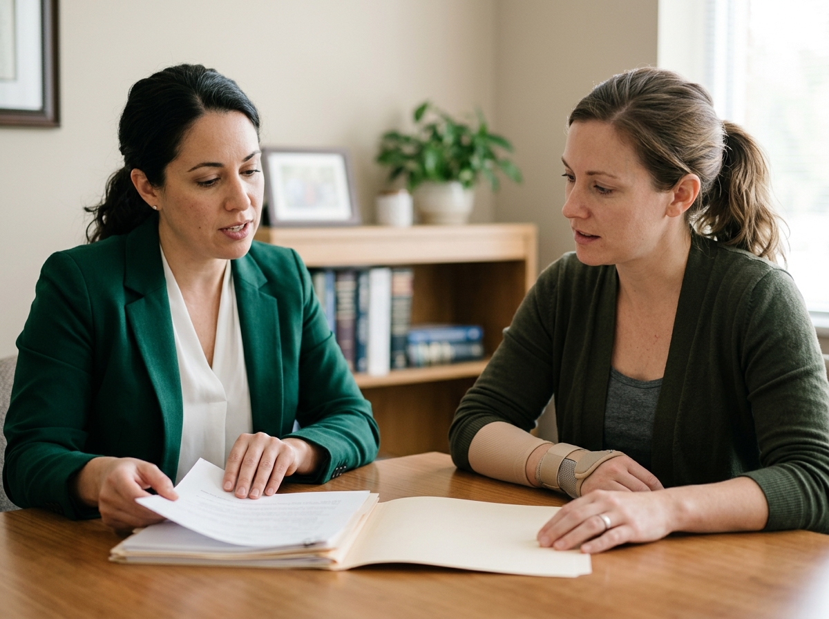 Lawyer reviewing accident case file with injured client in consultation room