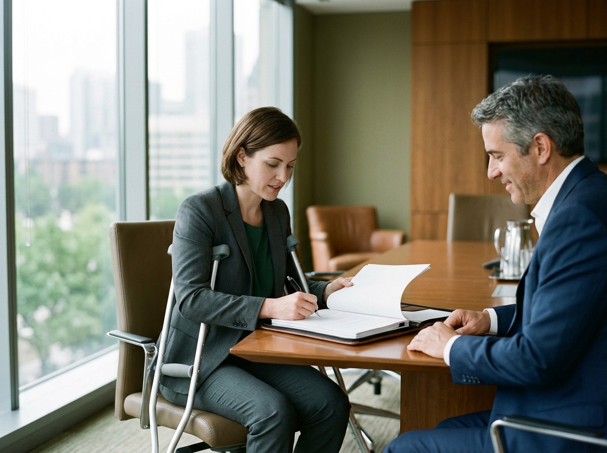 Client on crutches signing paperwork at attorney's conference table